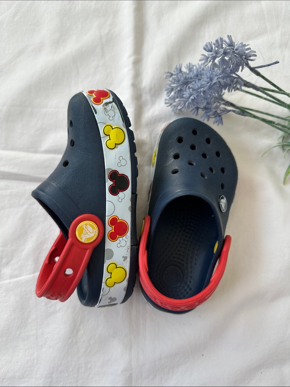 CROCS Kids Navy Clogs with Red, Yellow & Black Mickey Trim, lights up